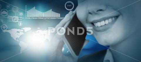 Close up of smiling businesswoman talking on mobile phone against light circles on black background 20s, Young Adult, Woman, Female, Caucasian, 3d, Digital Generated, Computer Graphic, Light, Bright, Shining, Circle, Design, Red, Earth, Global, International, World Wide, Map, Graph, Chart, Data, Analysis, Interface, Computer, Computing, Technology, Tech, Apps, Application, Icon, Studio Shot, Businesswoman, Business, Career, Professional, Profession, Occupation, Job, Corporate, Expertise, Holding, Smiling, Cheerful, Happy, Calling, On The Phone, Phoning, Phone Call, Talking, Conversation, Interacting, Speaking, Smartphone, Mobile Phone, Cellphone, Phone, Wireless Technology, Communication, Connection, Beautiful, Pretty, Mid Section, Graphic, Generated, Concept, Conceptual, Wave, Lines, Thin, Blue, White Background, Curve, Curved, Smooth, Pattern, Layer, Art, Signal, Copy Space, Close-up