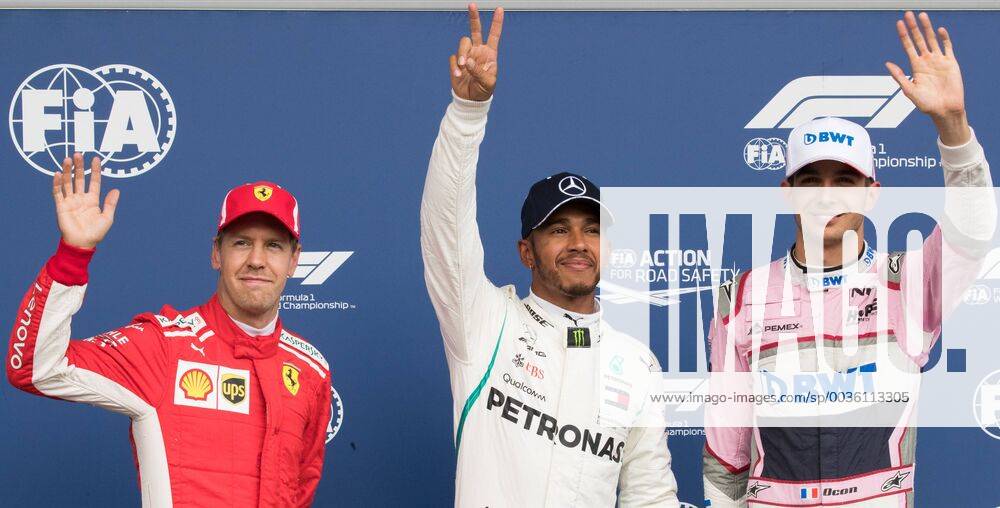Ferrari s German driver Sebastian Vettel, Mercedes British driver Lewis Hamilton and Force India s French driver Esteban Ocon pictured after the qualifications ahead of the Spa-Francorchamps Formula One Grand Prix of Belgium race, in Spa-Francorchamps, Saturday 25 August 2018. BENOITxDOPPAGNE x05413355x