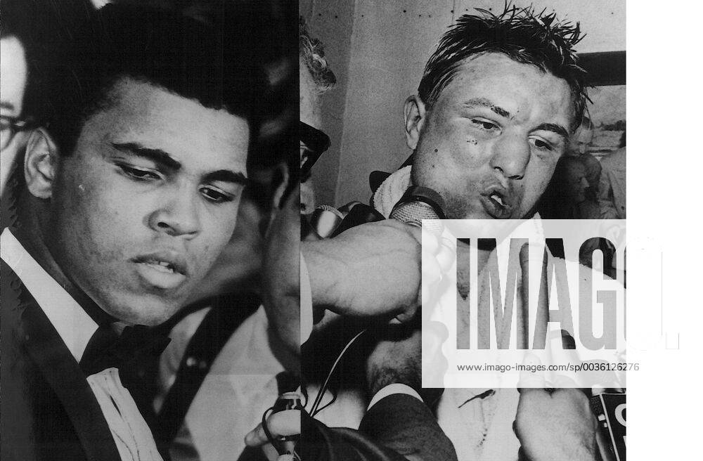 NO PLACE ---- CASSIUS CLAY AND GEORGE AFTER THE FIGHT - CASSIUS CLAY IS PICTURED DRESSED IN A TUXEDO AFTER HIS 15 ROUND FIGHT WITH CANADIAN GEORGE CHUVALO (RIGHT). CLAY WON A UNANIMOUSS DECISION OVER THE CANADIAN CHAMPION IN A FIGHT DESCRIBED AS THE BEST WORLD HEAVYWEIGHT TITLE FIGHT SINCE MARCIANO AND CHARLES BATTLED IN 1954. .JEP WST BELGA. x85129290stx