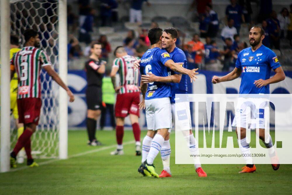 Cruzeiro x Fluminense BELO HORIZONTE, MG - 25.08.2018: CRUZEIRO X FLUMINENSE - Players celebrate the second goal of Cruzeiro, marked by Ayrton (against), during Cruzeiro vs. Fluminense, a match valid for the twenty-first round of the Brazilian Championship 2018 Série A, held at Mineirão Stadium, Belo Horizonte, MG. (Photo: Dudu Macedo Fotoarena) x1593761x DuduxMacedo