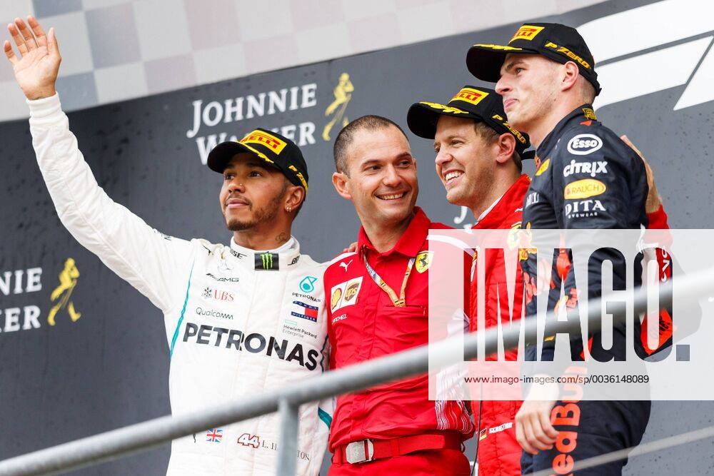 Podium with Lewis Hamilton Mercedes AMG Petronas Formula One Team Ferrari Chief Aerodynamic David Sanchez Sebastian Vettel Scuderia Ferrari and Max Verstappen Red Bull Racing Belgian Grand Prix 2018 Motorsport Formula 1 26 08 2018 Belgian Grand Prix 2018 Motorsport Formula 1 26 08 2018 Spa Franchorchamps