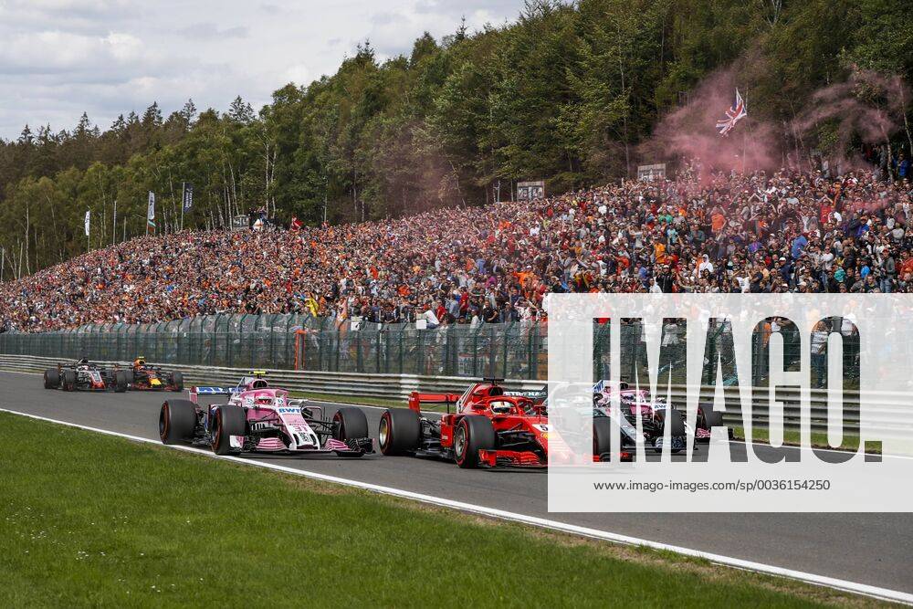 Motorsports: FIA Formula One World Championship WM Weltmeisterschaft 2018, Grand Prix of Belgium, Start, 31 Esteban Ocon (FRA, Racing Point Force India F1 Team), 5 Sebastian Vettel (GER, Scuderia Ferrari), 44 Lewis Hamilton (GBR, Mercedes AMG Petronas Motorsport), 11 Sergio Perez (MEX, Racing Point Force India F1 Team), Spa-Francorchamps Belgium