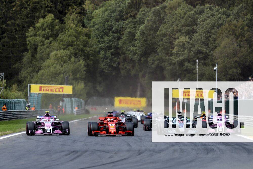 Motorsports: FIA Formula One World Championship WM Weltmeisterschaft 2018, Grand Prix of Belgium, Start, 31 Esteban Ocon (FRA, Racing Point Force India F1 Team), 5 Sebastian Vettel (GER, Scuderia Ferrari), 44 Lewis Hamilton (GBR, Mercedes AMG Petronas Motorsport), 11 Sergio Perez (MEX, Racing Point Force India F1 Team), Spa-Francorchamps Belgium