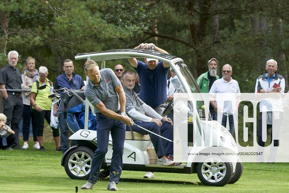 Made in Denmark European Tour Made In Denmark Pro Am. Silkeborgerne Jacob Brunsborg (son of Lars Larsen) Lars Larsen in the golf cart and Thomas Bjorn before the golf tournament Made in Denmark, at Silkeborg Golf Club, Wednesday 29 August 2018. Danmark