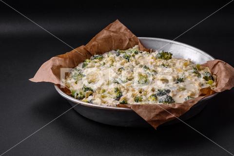 Delicious quiche with broccoli, cheese, chicken, spices and herbs on a dark concrete background broccoli, quiche, food, cheese, vegetable, meal, pie, dinner, crust, lunch, pastry, dish, egg, green, baked, cuisine, tart, snack, homemade, gourmet, french, healthy, kitchen, eating, delicious, breakfast, cooking, cake, fish, cream, table, recipe, traditional, salmon, dough, vegetarian, lorraine, background, rustic, ingredient, spinach, tasty, cooked, appetizer, gratin, wood, organic