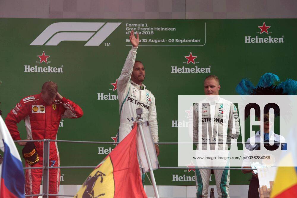 Photo4 LaPresse 02 09 2018 Monza, Italy Grand Prix Formula One Italia 2018 In the pic: podium 1st position Lewis Hamilton (GBR) Mercedes AMG F1 W09 2nd position Kimi Raikkonen (FIN) Scuderia Ferrari SF71H 3rd position Valtteri Bottas (FIN) Mercedes AMG F1 W09