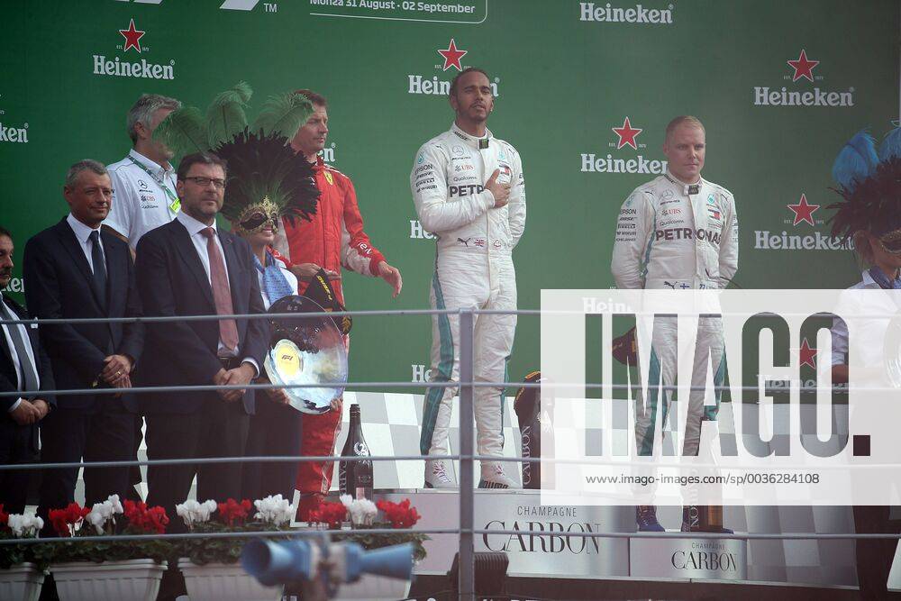 Photo4 LaPresse 02 09 2018 Monza, Italy Grand Prix Formula One Italia 2018 In the pic: podium 1st position Lewis Hamilton (GBR) Mercedes AMG F1 W09 2nd position Kimi Raikkonen (FIN) Scuderia Ferrari SF71H 3rd position Valtteri Bottas (FIN) Mercedes AMG F1 W09