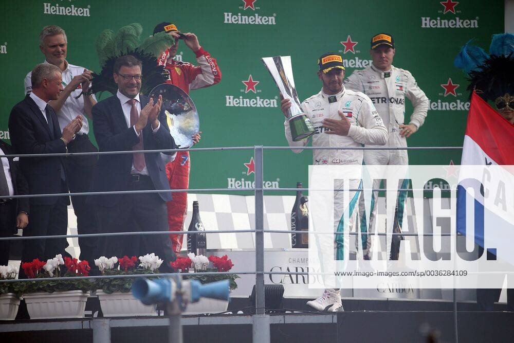 Photo4 LaPresse 02 09 2018 Monza, Italy Grand Prix Formula One Italia 2018 In the pic: podium 1st position Lewis Hamilton (GBR) Mercedes AMG F1 W09 2nd position Kimi Raikkonen (FIN) Scuderia Ferrari SF71H 3rd position Valtteri Bottas (FIN) Mercedes AMG F1 W09
