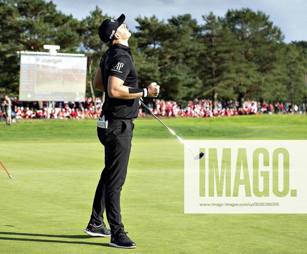Vinder af af European Tour golfturneringen Made in Denmark, Matt Wallace fra England, reagerer efter vinderslaget paa Silkeborg Golf Klub , soendag 1. september 2018.. , Silkeborg Jylland Denmark