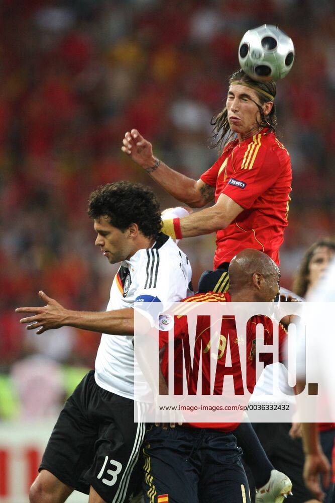 Germany vs Spain, UEFA EURO EM Europameisterschaft Fussball 2008 Final Spain s Sergio Ramos (up) in action against Germany s Michael Ballack during UEFA Euro 2008 Final, between Germany and Spain, on Ernst-Happel-Stadion, Vienna, Austria