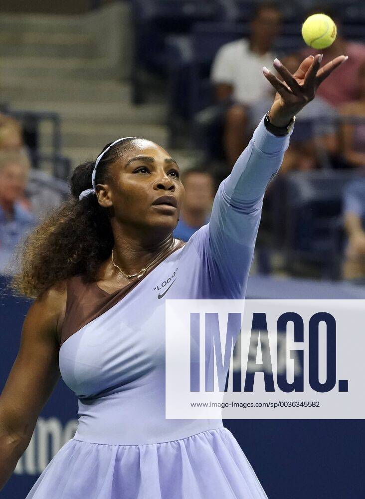 Serena Williams of the United States serves to Anastasija Sevastova of Latvia in their semi-final match in Arthur Ashe Stadium at the 2018 US Open Tennis Championships at the USTA Billie Jean King National Tennis Center in New York City on September 6, 2018. NYP20180906417 RAYxSTUBBLEBINE