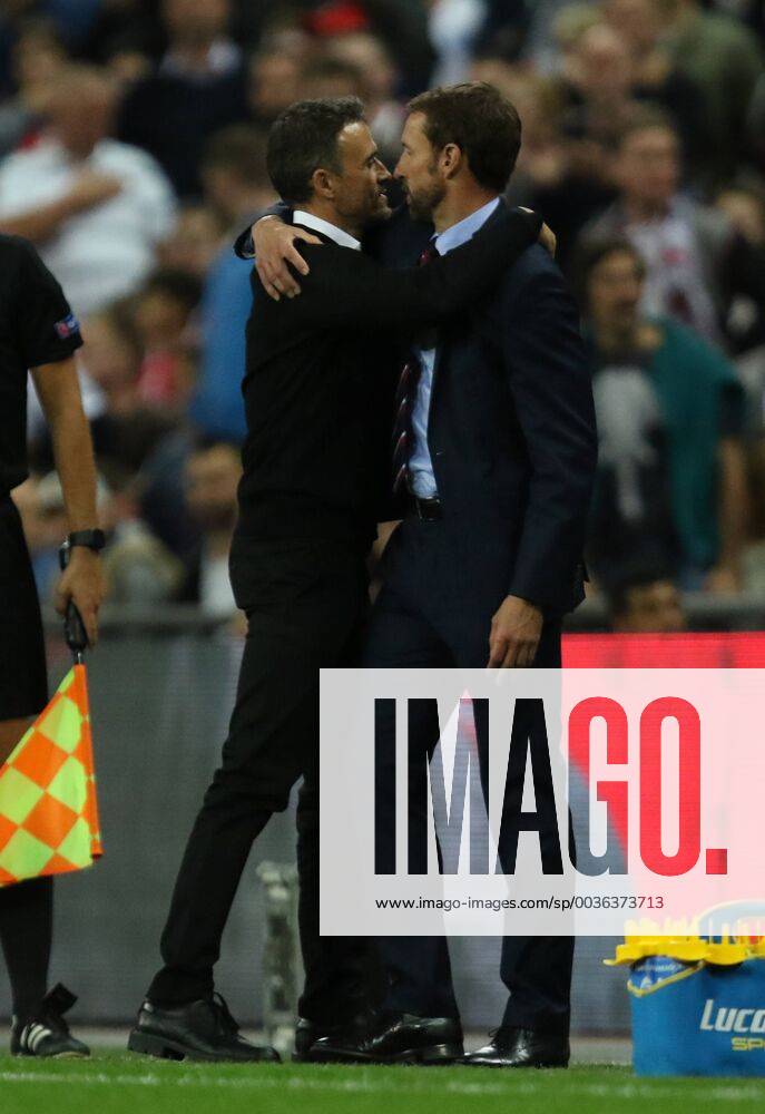 Gareth Southgate (England coach) and Luis Enrique (Spain coach) embraces at the end of the UEFA Nations League A, Group 4, between England and Spain, at Wembley Stadium, London, on September 8, 2018. **THIS PICTURE IS FOR **