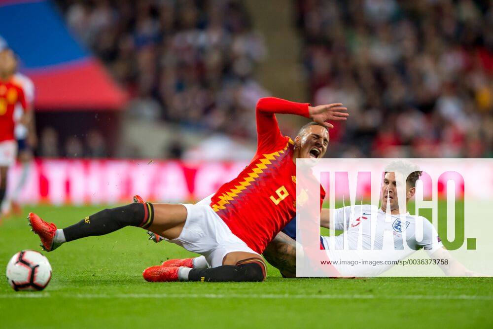 Rodrigo Moreno of Spain is fouled by John Stones of England during the UEFA Nation League, Group 4, League A match between England and Spain at Wembley Stadium, London, England on 8 September 2018.
