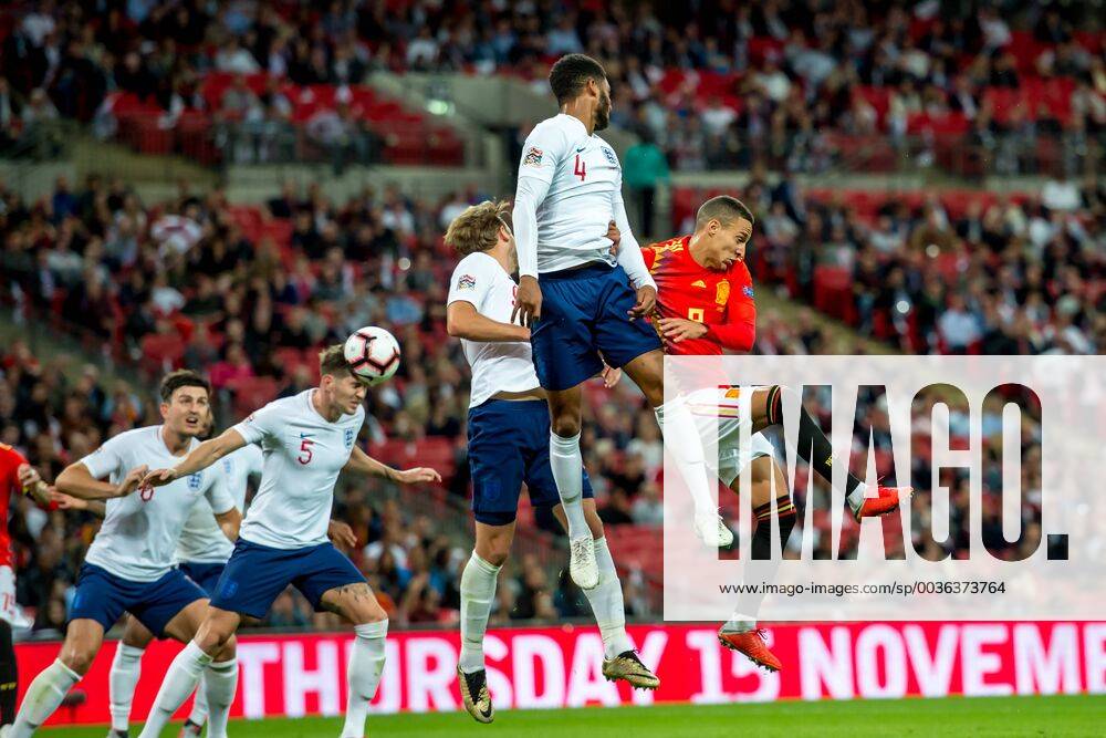 Rodrigo Moreno of Spain Joe Gomez of England and John Stones of England during the UEFA Nation League, Group 4, League A match between England and Spain at Wembley Stadium, London, England on 8 September 2018.