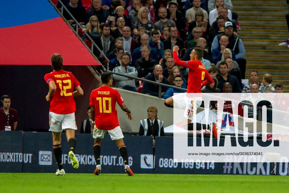 Rodrigo Moreno of Spain celebrates scoring his goal during the UEFA Nation League, Group 4, League A match between England and Spain at Wembley Stadium, London, England on 8 September 2018. Salvio Calabrese Soccer: England v Spain.UEFA Nation League Group Stage.8 9 2018 - ZUMAa181 20180908_zaa_a181_094