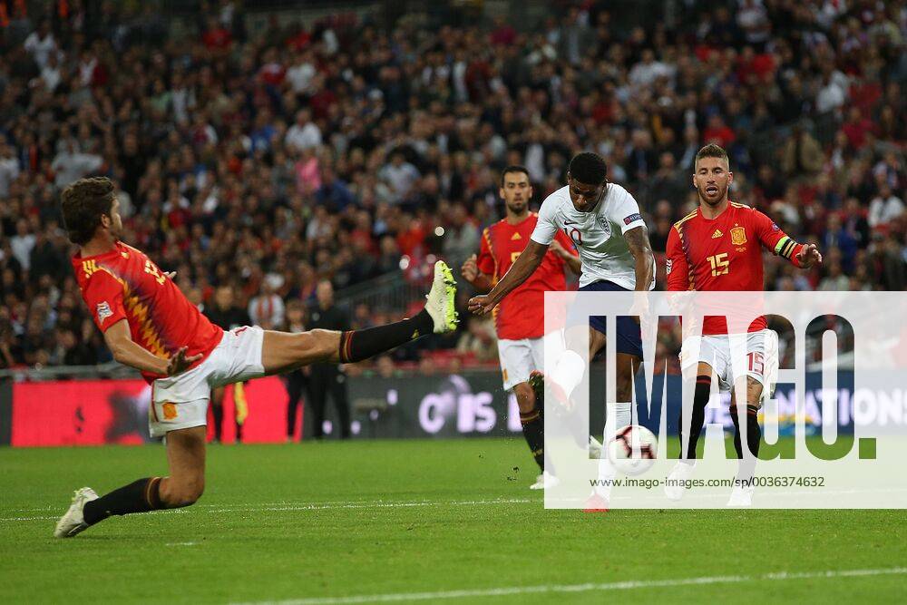 England v Spain UEFA Nations League Marcus Rashford of England has a shot on goal during the UEFA Nations League match at Wembley Stadium, London Content Not Available For UK Newspapers