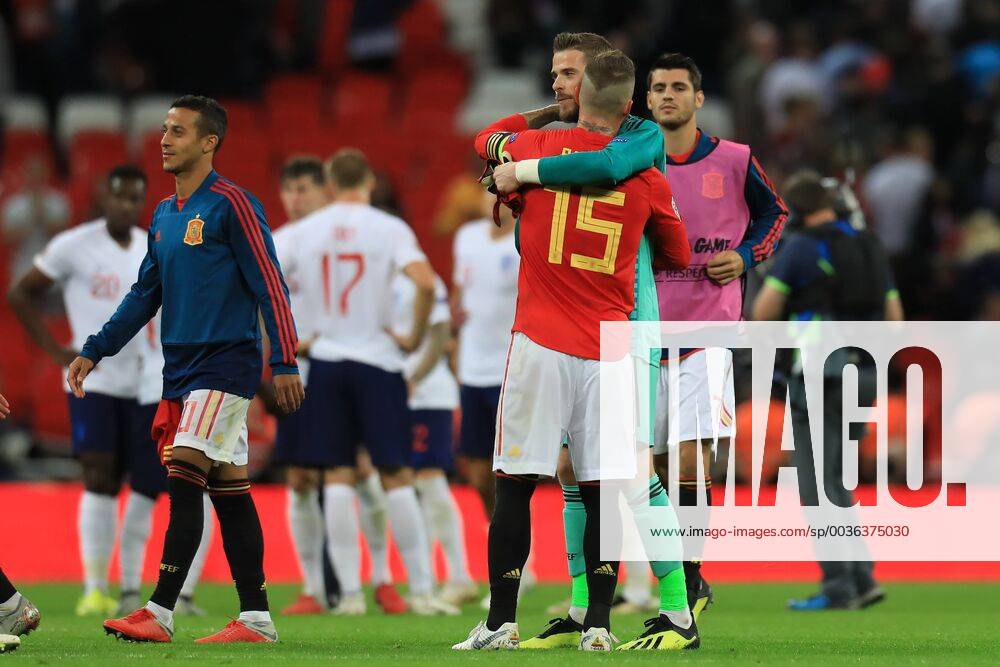 8th September 2018, Wembley Stadium, London, England; UEFA Nations League football, England versus Spain; David de Gea of Spain celebrates the 1-2 win with Sergio Ramos ActionPlus12061144 ShaunxBrooks