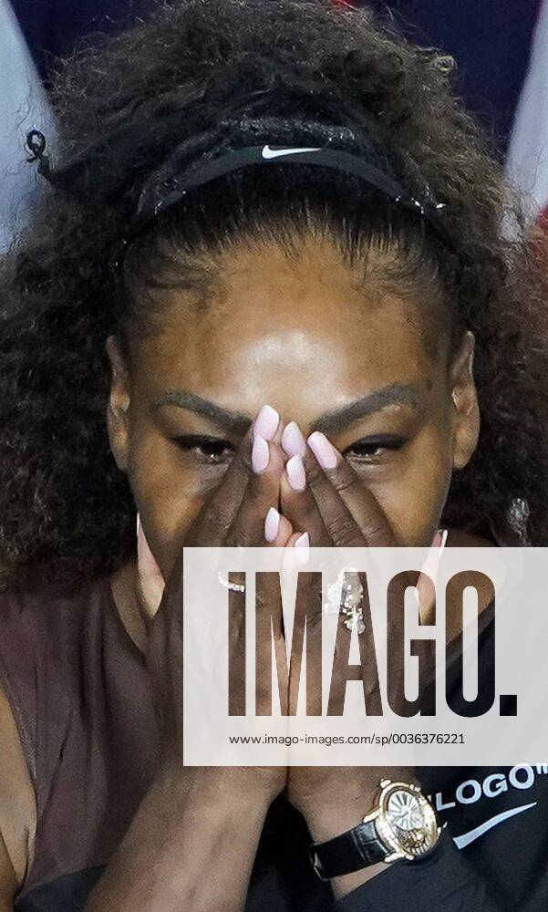 Serena Williams of the United States reacts during the awards ceremony after she lost to Naomi Osaka of Japan in their Woman s Singles Final match in Arthur Ashe Stadium at the 2018 US Open Tennis Championships at the USTA Billie Jean King National Tennis Center in New York City on September 8, 2018. NYP20180908429 RAYxSTUBBLEBINE