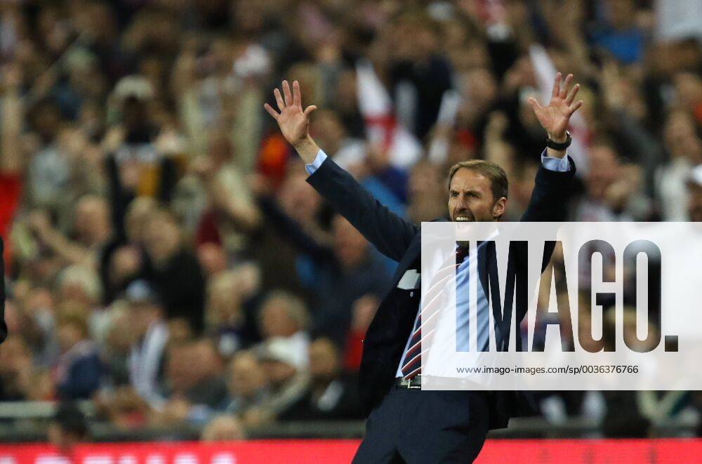 Gareth Southgate (England coach) celebrates the England goal scored in the second half, which was later disallowed, at the UEFA Nations League A, Group 4, between England and Spain, at Wembley Stadium, London, on September 8, 2018. **THIS PICTURE IS FOR **