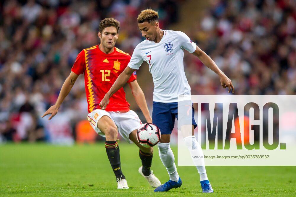 Jesse Lingard of England and Marcos Alonso of Spain during the UEFA Nation League, Group 4, League A match between England and Spain at Wembley Stadium, London, England on 8 September 2018.
