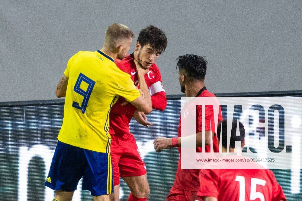 Swedens Anton Saletros takes control of Turkeys Melih Okutan during the European Championships in football between Sweden and Turkey on September 11, 2018 in Helsingborg