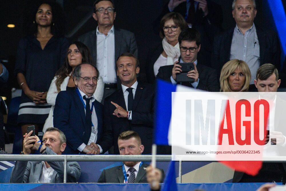French President Emmanuel Macron and his wife Brigitte Macron (C) and Noel Le Graet, during the UEFA Nations League football match France against Holland on September 9, 2018 at the Stade de France in Saint Denis, France.