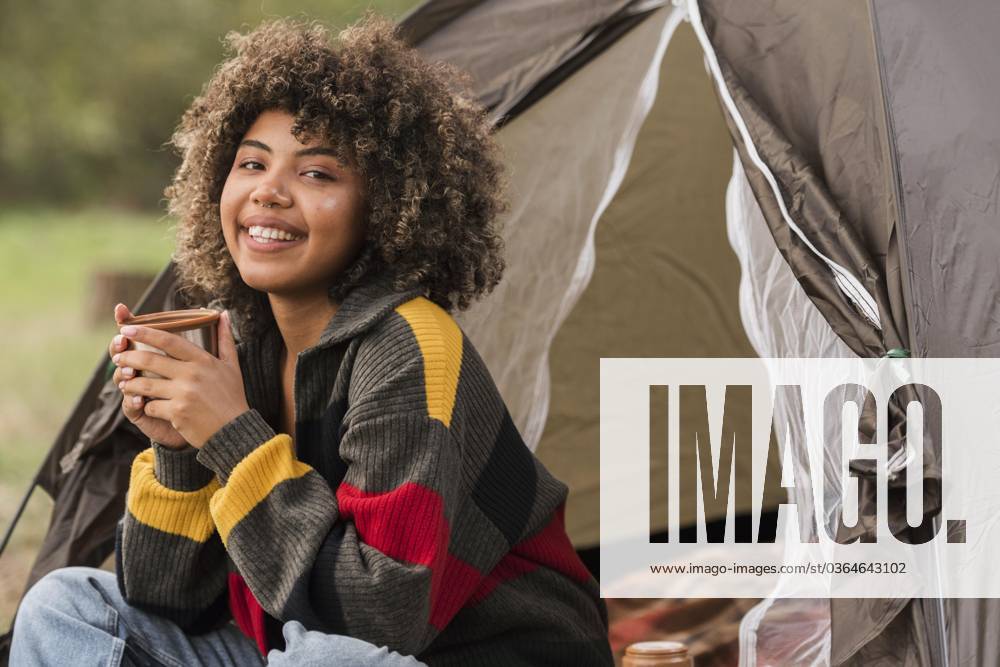 Smiling Woman at Camping at Free with Tent