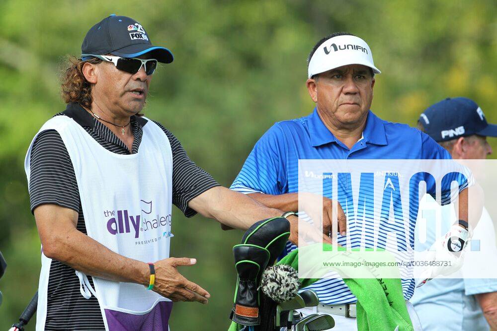 Grand Blanc, Michigan, United States - Esteban Toledo of Mexicali, Mexico waits his turn to hit from the 13th tee with his caddie during the second round of the The Ally Challenge golf tournament presented by McLaren at Warwick Hills Golf & Country Club in Grand Blanc, MI, USA Saturday, September 15, 2018. The Ally Challenge 2018 - ZUMAn230 20180915_zaa_n230_1092