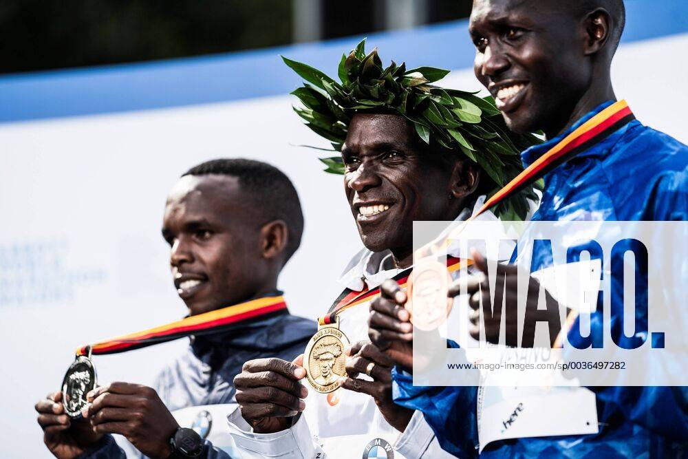 Berlin Germany 16 09 2018 Amos Kipruto Kenya Eluid Kipchoge Kenya and Wilson Kipsang Kenya at the award ceremony at the Berlin Marathon 2018