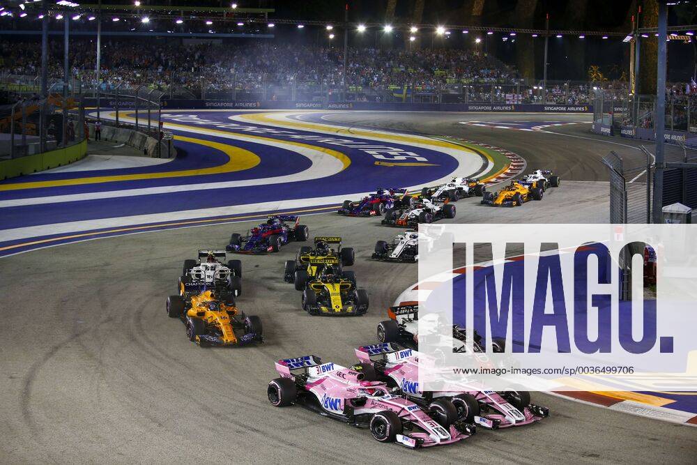 Motorsports: FIA Formula One World Championship WM Weltmeisterschaft 2018, Grand Prix of Singapore, 31 Esteban Ocon (FRA, Racing Point Force India F1 Team), 11 Sergio Perez (MEX, Racing Point Force India F1 Team), 8 Romain Grosjean (FRA, Haas F1 Team), Singapore Singapore