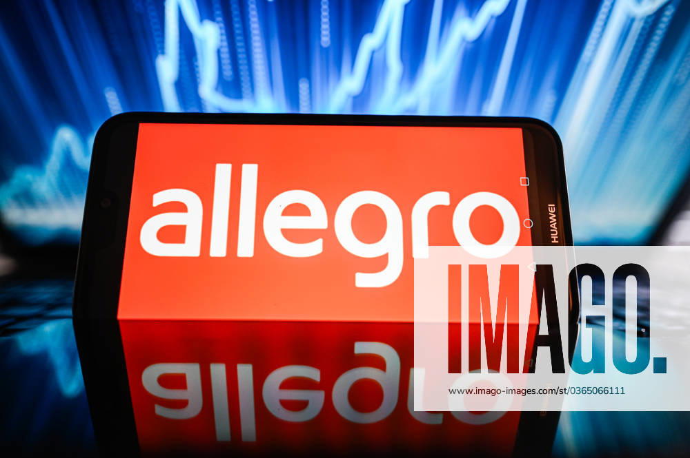 Tech illustrations in Poland - 16 Nov 2023 In this photo illustration a Allegro logo is displayed on a smartphone with stock market percentages in the background. Poland