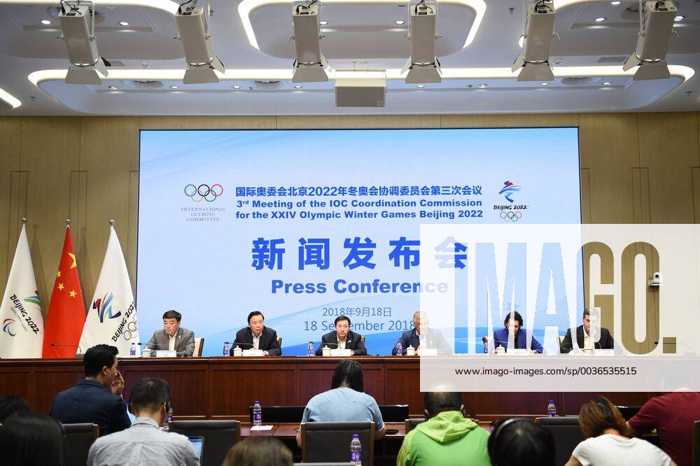 (180918) -- BEIJING, Sept. 18, 2018 -- Photo taken on Sept. 18, 2018 shows the press conference PK Pressekonferenz of the 3rd meeting of the IOC Coordination Commission for the XXIV Olympic Winter games Winterspiele Spiele Summer games Beijing 2022 in Beijing, capital of China. ) (SP)CHINA-BEIJING-2022 OLYMPIC WINTER GAMES-IOC COORDINATION COMMISSION-PRESS CONFERENCE (CN) JuxHuanzong