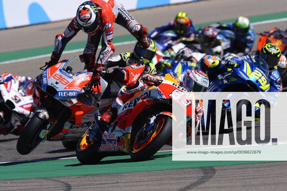 Marc Marquez 93 of Spain and Repsol Honda Team and Crash of Jorge Lorenzo 99 of Spain and Ducati Team during race day of the Gran Premio Movistar of Aragon or World Championship of MotoGP at Motorland Aragon Circuit on September 23, 2018 in Alcaniz Spain Bretonx xMotoGPxofxAragonx-