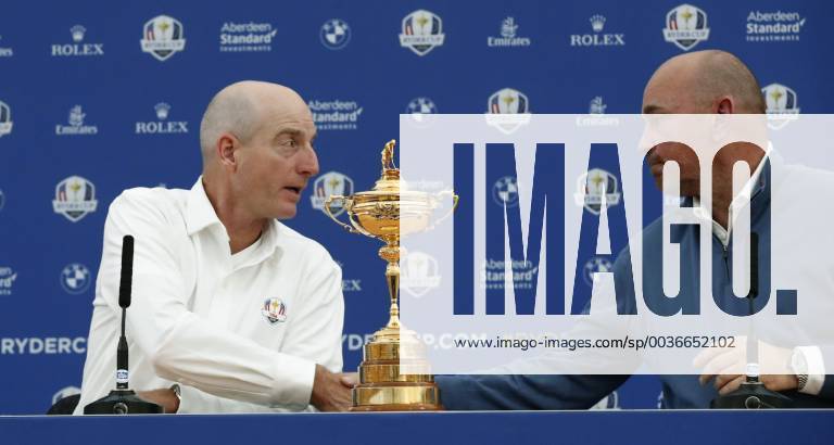 European team captain for the Ryder Cup, Danish Thomas Bjorn (R), shakes hands with his US counterpart, Jim Furyk (L), during a press conference PK Pressekonferenz held in Versailles, France, 24 September 2018. Ryder Cup 2018 !ACHTUNG: NUR REDAKTIONELLE NUTZUNG!