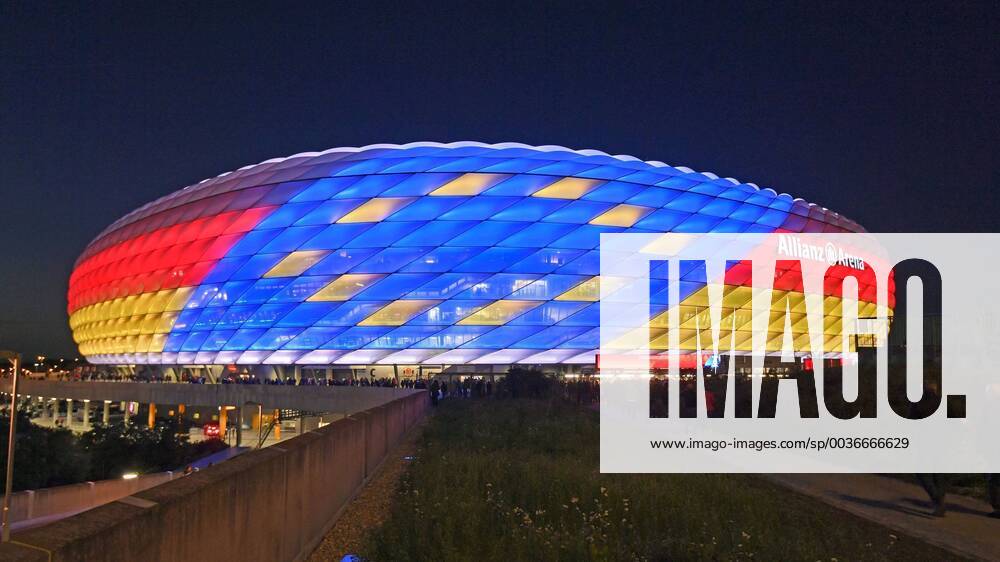 Soccer 1 Bundesliga 2018 2019 5 Matchday FC Bayern Munich FC Augsburg at the Allianz Arena Munich Facade of the Arena with the European flag and the Germany flag for the European Championship 2024 Application DFL and DFB regulations prohibit any use of photographs as image sequences and or quasi video
