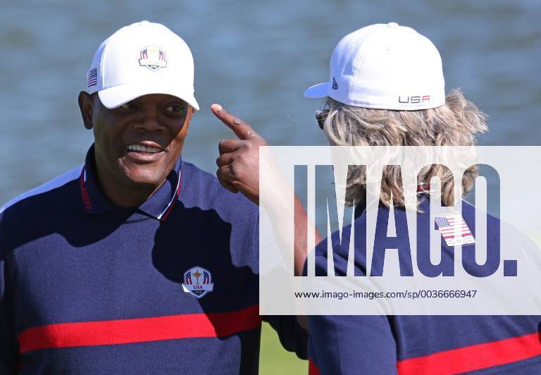 Samuel L. Jackson (L) and Kurt Russell chat during a Ryder Cup 2018 celebrity tournament at Le Golf National in Guyancourt near Paris on September 25, 2018. The three-day main event Ryder Cup featuring Team USA versus Team Europe starts Friday, September 28th. PAR20180925100 DAVIDxSILPA