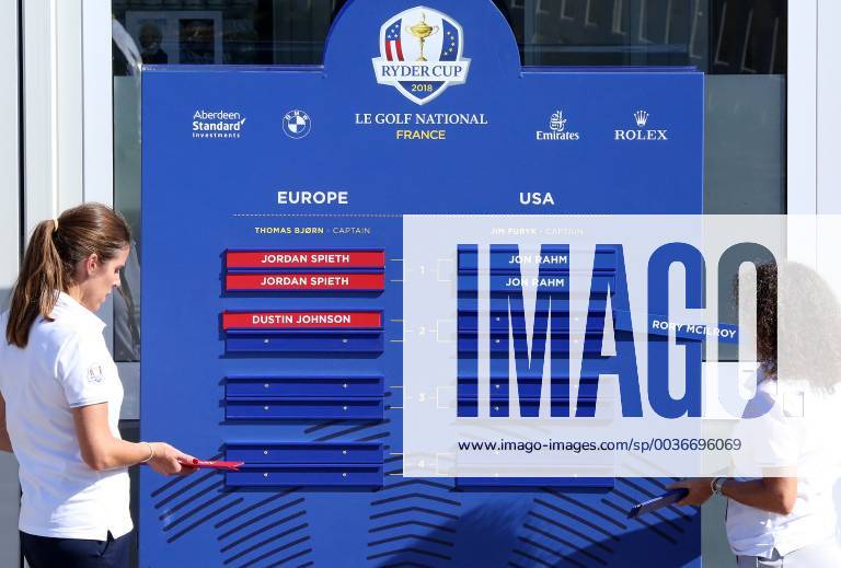 Tournament organizers prepare the pairing board a day before the start of the Ryder Cup at Le Golf National in Guyancourt near Paris on September 27, 2018. The Ryder Cup takes place every two years and features Team USA versus Team Europe, with venues alternating between the U.S and Europe each competition. PAR20180927001 DAVIDxSILPA