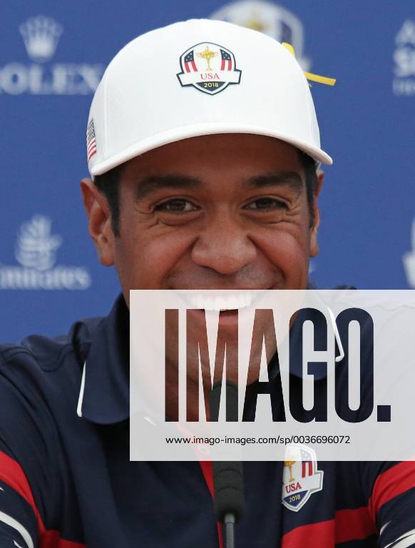 Tony Finau speaks during a press conference PK Pressekonferenz a day before the start of the Ryder Cup at Le Golf National in Guyancourt near Paris on September 27, 2018. The Ryder Cup takes place every two years and features Team USA versus Team Europe, with venues alternating between the U.S and Europe each competition. PAR20180927004 DAVIDxSILPA