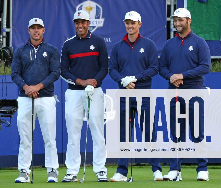 (From L to R) Brooks Koepka, Tony Finau, Justin Rose and Jon Rahm congregate at the first tee at the start of the Ryder Cup at Le Golf National in Guyancourt near Paris on September 28, 2018. Team USA will compete against Team Europe in the three-day tournament. PAR20180928079 DAVIDxSILPA