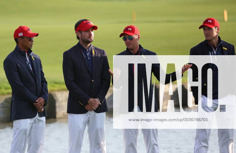 (From L to R) Tiger Woods, Bubba Watson, Justin Thomas and Jordan Spieth chat during the Ryder Cup trophy presentation ceremony at Le Golf National in Guyancourt near Paris on September 30, 2018. Team Europe defeated Team USA 17.5 to 10.5 to hand the Americans their sixth straight loss on foreign soil. PAR20180930070 DAVIDxSILPA
