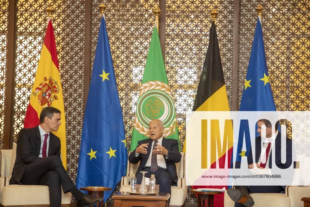 Spanish Prime Minister Pedro Sanchez and Arab League Secretary general Ahmed Aboul Gheit and Belgian Prime Minister Alexander De Croo pictured during a meeting at the Arab League headquarters, during a visit of both Belgian and Spanish Prime Ministers (incoming and outgoing presidency of Europe) to Egypt, in Cairo, Friday 24 November 2023. The two heads of government have visited Israel and Palestine yesterday, to hold talks with political leaders on the war in Gaza. In Egypt, Sanchez and De Croo will meet the Egyptian president and visit the border crossing to the Gaza strip in Rafah. - SPAIN OUT - NICOLASxMAETERLINCK 80738417