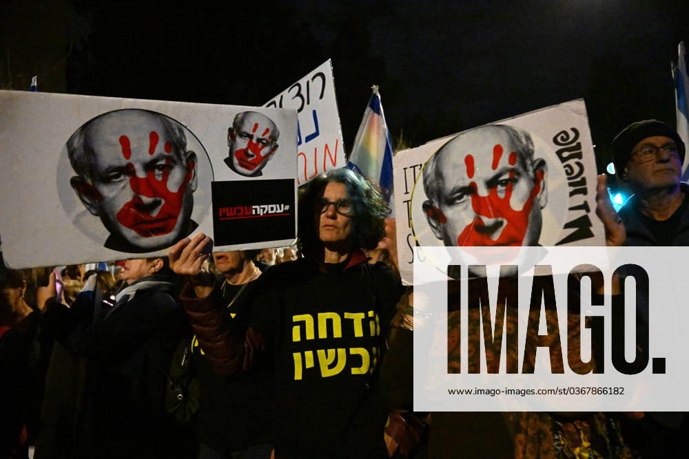 Israelis hold posters and chant Guilty at a protest calling for the resignation of Israeli Prime Minister Benjamin Netanyahu outside his residence in Jerusalem on Saturday, November 25, 2023. Demonstrators blame Netanyahu for failing to keep the people of the Gaza border communities secure from the October 7 Hamas massacre. JER2023112505 DEBBIExHILL