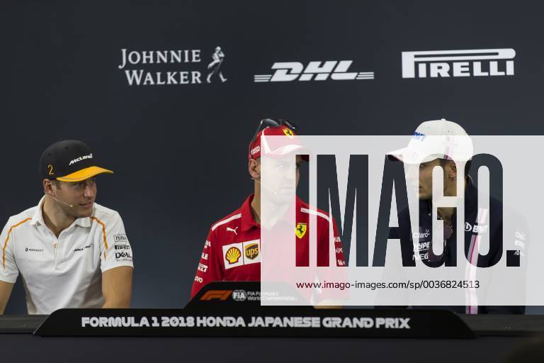 4th October 2018, Suzuka International Racing Course, Suzuka City, Japan; Formula One of Japan, driver arrivals and press conference PK Pressekonferenz Sebastian Vettel, Esteban Ocon and Stoffel Vandoorne ActionPlus12067952 StephenxBlackberry
