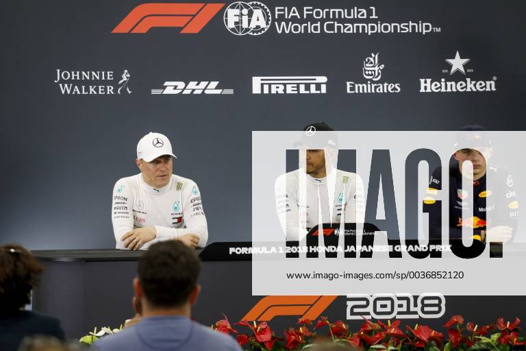 Motorsports: FIA Formula One World Championship WM Weltmeisterschaft 2018, Grand Prix of Japan, World Championship 2018 Grand Prix Japan 33 Max Verstappen (NDL, Red Bull Racing), 77 Valtteri Bottas (FIN, Mercedes AMG Petronas), 44 Lewis Hamilton (GBR, Mercedes AMG Petronas F1 Team), Suzuka Japan