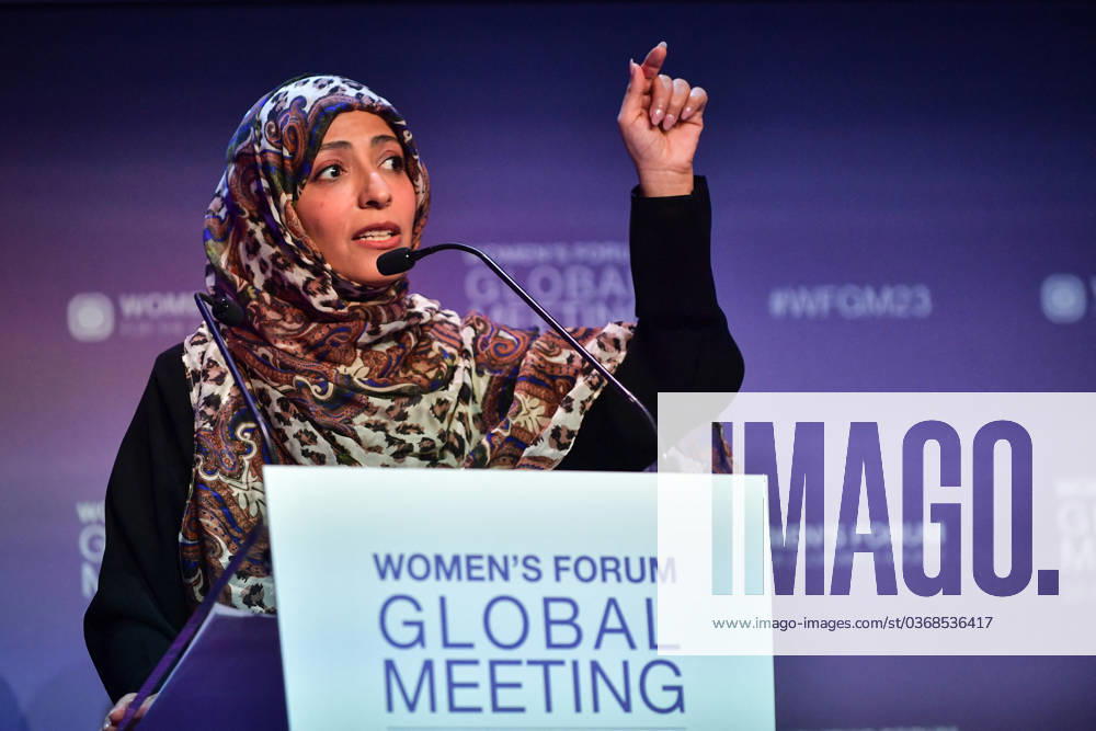 Women s Forum Global Meeting - Paris Nobel Peace Prize Laureate and Founder of Tawakkol Karman Foundation, Tawakkol Karman speaks during the Women s Forum Global Meeting 2023 at the Palais Brongniart in Paris, France on November 28, 2023. Photo by Firas Abdullah ABACAPRESS.COM Paris Ile-de-France France