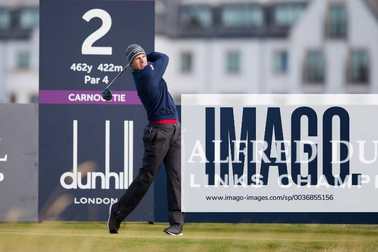 6th October 2018, Carnoustie Golf Links, Carnoustie, Scotland; Alfred Dunhill Links Championship, third round; Andrea Pavan of Italy plays his shot from the tee on the second hole ActionPlus12068497 DavidxYoung