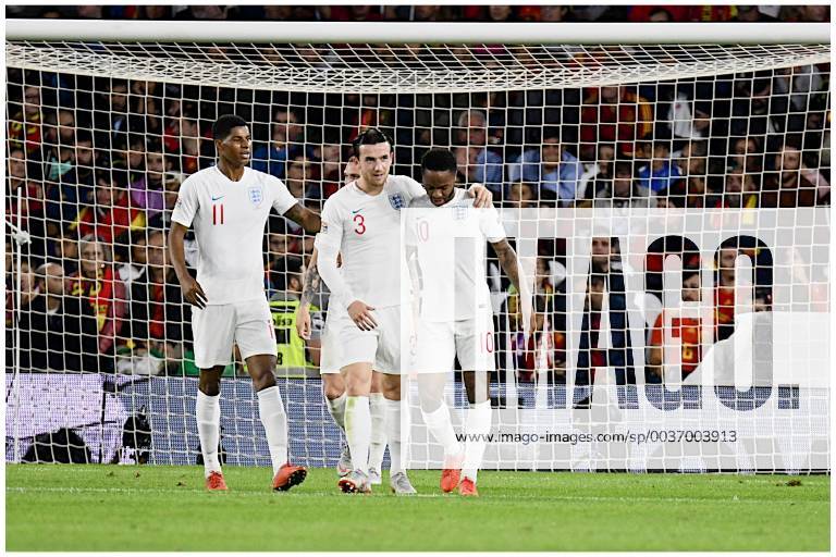Spain v England UEFA Nations League Raheem Sterling of England (right) celebrates scoring their third goal to make it Spain 0 England 3 during the UEFA Nations League match at the Estadio Benito Villamarin, Seville Content Not Available For UK Newspapers