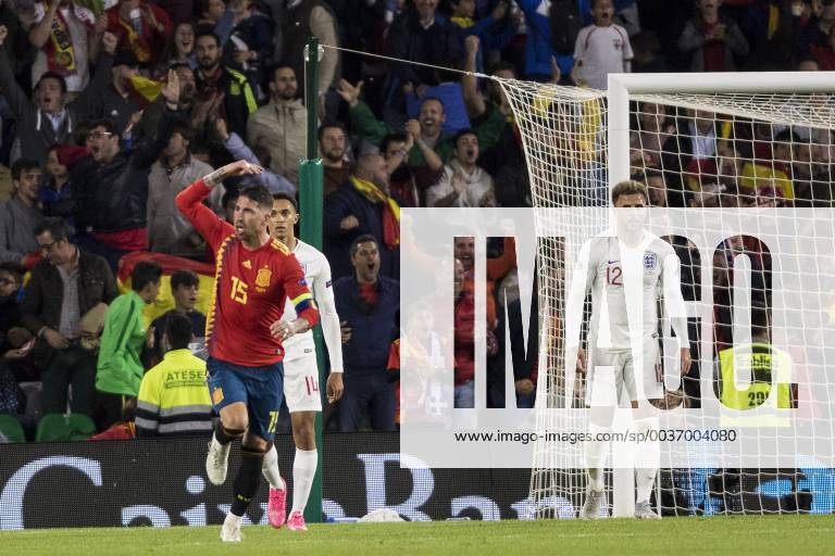 Seville, Spain - SERGIO RAMOS of Spain (L ) celebrates after scoring 2-3 during the UEFA Nations League Group A4 soccer match between Spain and England at the Benito Villamarin Stadium Soccer 2018 - Spain vs England - ZUMAa142 20181015_zap_a142_030