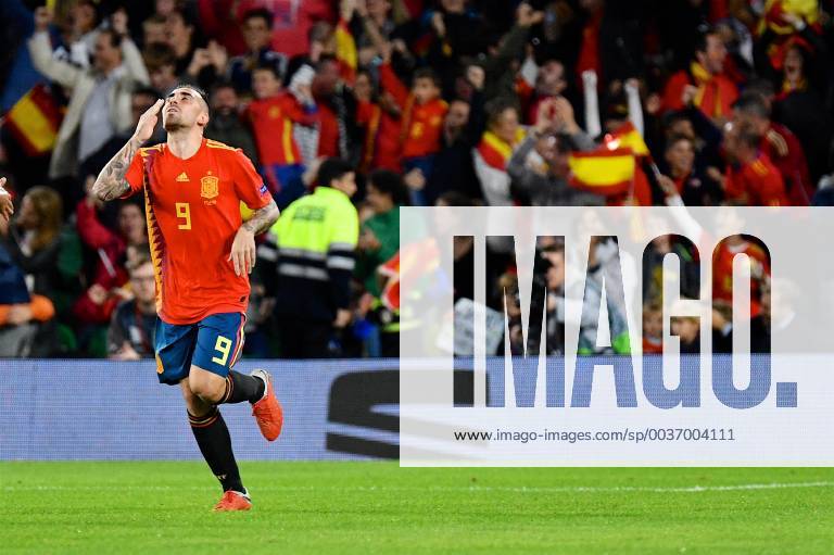 Spain v England UEFA Nations League Paco Alcacer of Spain (centre) celebrates scoring their first goal to make it Spain 1 England 3 during the UEFA Nations League match at the Estadio Benito Villamarin, Seville Content Not Available For UK Newspapers