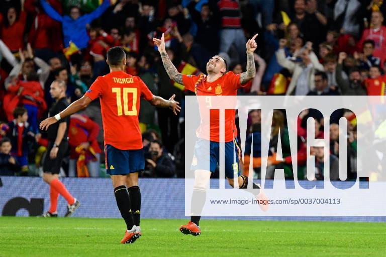 Spain v England UEFA Nations League Paco Alcacer of Spain (right) celebrates scoring their first goal to make it Spain 1 England 3 during the UEFA Nations League match at the Estadio Benito Villamarin, Seville Content Not Available For UK Newspapers